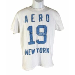 Aeropostale Graphic Tee Mens Medium White Distressed Aero 19 New York Cotton